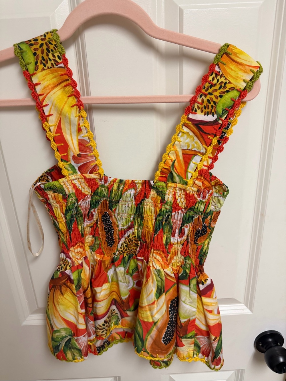 FARM  Rio Red Fruit Garden Smocked Crochet Details Blouse Size Small - Picture 4 of 7